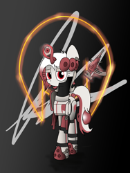 Size: 3024x4032 | Tagged: safe, artist:flaremoon, imported from derpibooru, oc, oc:razlad, pony, unicorn, armor, assassin, dark background, destiny, destiny (game), destiny (video game), emblem, gun, helix horn, levitation spell, machine gun, science fiction, weapon