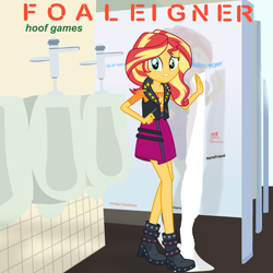 Size: 2000x2000 | Tagged: safe, artist:grapefruitface1, artist:illumnious, imported from derpibooru, sunset shimmer, equestria girls, album cover, bathroom, cleaning, clothes, equestria girls-ified album cover, female, foreigner, graffiti, parody, show accurate, solo, tissue, urinal, worried