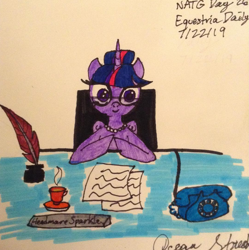 Size: 1193x1197 | Tagged: safe, artist:oceanstreak92, artist:travelingfanartist25, imported from derpibooru, twilight sparkle, alicorn, pony, atg 2019, desk, female, newbie artist training grounds, paper, phone, quill, solo, telephone, traditional art, twilight sparkle (alicorn)