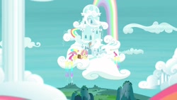 Size: 1920x1080 | Tagged: safe, imported from derpibooru, screencap, fluttershy, pegasus, pony, daring doubt, book, cloud, female, flying, mare, rainbow dash's house, rainbow waterfall, solo