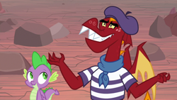 Size: 1280x720 | Tagged: safe, imported from derpibooru, screencap, garble, spike, dragon, sweet and smoky, beatnik, beret, clothes, duo, hat, male, shirt, spread arms, striped shirt, winged spike, wings