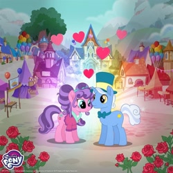 Size: 750x750 | Tagged: safe, imported from derpibooru, petunia petals, sunny skies, earth pony, pony, unicorn, rainbow roadtrip, bowtie, duo, female, gameloft, hat, headband, heart, male, mare, official, petuniasky, shipping, stallion, straight, top hat