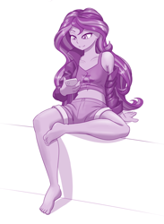 Size: 1000x1365 | Tagged: safe, artist:dstears, imported from derpibooru, sunset shimmer, equestria girls, equestria girls series, barefoot, belly button, clothes, digital art, feet, female, grayscale, lidded eyes, midriff, monochrome, off shoulder, shorts, simple background, sitting, smiling, solo, sunset shimmer day, tanktop, white background