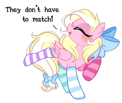 Size: 3055x2595 | Tagged: safe, artist:emberslament, derpibooru exclusive, imported from derpibooru, oc, oc only, oc:bay breeze, pegasus, pony, blushing, bow, clothes, cute, dialogue, eyes closed, female, hair bow, mare, mismatched socks, ocbetes, open mouth, simple background, socks, solo, striped socks, tail bow, text, thigh highs, transparent background