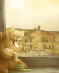 Size: 3468x4284 | Tagged: safe, artist:anotherdeadrat, imported from derpibooru, applejack, earth pony, pony, building, cute, eye clipping through hair, facing away, female, filly, filly applejack, high res, jackabetes, looking at something, no pupils, solo, window, younger