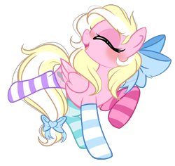 Size: 2573x2430 | Tagged: safe, artist:emberslament, imported from derpibooru, oc, oc only, oc:bay breeze, pegasus, pony, 2020 community collab, derpibooru community collaboration, blushing, bow, clothes, cute, eyes closed, female, hair bow, mare, mismatched socks, ocbetes, open mouth, simple background, socks, solo, striped socks, tail bow, transparent background