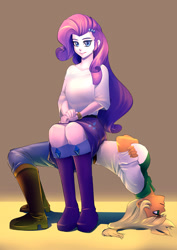 Size: 700x990 | Tagged: safe, artist:bakki, imported from derpibooru, applejack, rarity, equestria girls, appleseat, backbend, boots, clothes, crossed arms, female, jeans, pants, shoes, sitting, sitting on person, skirt, tablejack