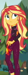 Size: 411x1080 | Tagged: safe, imported from derpibooru, screencap, sunset shimmer, equestria girls, equestria girls series, sunset's backstage pass!, spoiler:eqg series (season 2), ass, bunset shimmer, butt, clothes, cropped, female, geode of empathy, jacket, looking back, magical geodes, music festival outfit, outdoors, solo focus