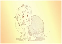 Size: 1063x752 | Tagged: safe, artist:sherwoodwhisper, imported from derpibooru, oc, oc only, oc:eri, oc:whisper, mouse, pony, unicorn, accessory swap, clothes, dress, female, gala dress, mare, monochrome, traditional art