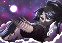 Size: 3194x2238 | Tagged: source needed, useless source url, safe, alternate version, artist:ask-colorsound, imported from derpibooru, oc, oc only, oc:rhea, pegasus, pony, bomber jacket, clothes, cloud, colored wings, female, full moon, gradient wings, jacket, looking at you, mare, moon, night, night sky, nose piercing, nose ring, piercing, ponytail, prone, sky, slit eyes, slit pupils, smiling, solo, starry night, stars, wings