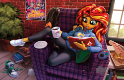 Size: 2400x1565 | Tagged: safe, artist:harwick, imported from derpibooru, kiwi lollipop, ray, sunset shimmer, supernova zap, gecko, equestria girls, book, chair, clothes, coffee, coffee mug, comfy, cute, female, food, journal, k-lo, mouth hold, mug, pen, pizza, pizza box, plate, postcrush, potted plant, reading, shimmerbetes, shoes, sneakers, socks, solo, su-z, sunset shimmer day, sunset's apartment, sunset's journal, sweater, sweet snacks cafe