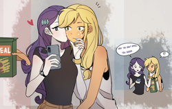 Size: 1954x1240 | Tagged: safe, artist:tcn1205, imported from derpibooru, applejack, rarity, equestria girls, cereal, cheek kiss, cute, eating, female, food, jackabetes, kiss on the cheek, kissing, lesbian, raribetes, rarijack, selfie, shipping