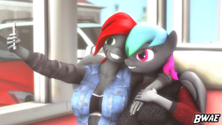 Size: 3840x2160 | Tagged: safe, artist:bwaebutt, imported from derpibooru, oc, oc:bwae, oc:paintheart, anthro, 3d, anthro oc, diner, female, lesbian, phone, selfie, smiling, source filmmaker