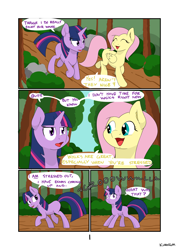 Size: 3114x4354 | Tagged: safe, artist:kumakum, imported from derpibooru, fluttershy, twilight sparkle, pegasus, pony, unicorn, comic:relieving stress, bush, comic, dialogue, faic, female, growling, mare, open mouth, outdoors, speech bubble, tree, unicorn twilight