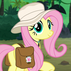 Size: 1000x1000 | Tagged: safe, imported from derpibooru, screencap, fluttershy, pegasus, pony, daring doubt, butt, cropped, cute, female, flutterbutt, hat, jungle, looking at you, mare, plot, saddle bag, shyabetes, smiling, solo