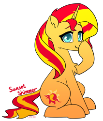 Size: 1208x1418 | Tagged: safe, artist:puetsua, imported from derpibooru, sunset shimmer, pony, unicorn, boop, cute, cutie mark, female, mare, self-boop, shimmerbetes, simple background, sitting, smiling, solo, sunset shimmer day, white background