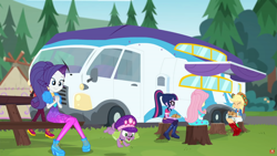 Size: 2559x1439 | Tagged: safe, imported from derpibooru, screencap, applejack, fluttershy, rarity, sci-twi, spike, spike the regular dog, sunset shimmer, twilight sparkle, dog, equestria girls, equestria girls series, sunset's backstage pass!, spoiler:eqg series (season 2), clothes, eating, female, fleetwood pace arrow, food, hat, high heels, male, pancakes, paws, picnic table, rv, shoes, spike's dog collar, spike's festival hat, table, youtube