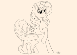 Size: 3000x2160 | Tagged: safe, artist:sadtrooper, imported from derpibooru, sunset shimmer, pony, unicorn, female, lineart, looking at you, mare, monochrome, raised hoof, simple background, smiling, solo