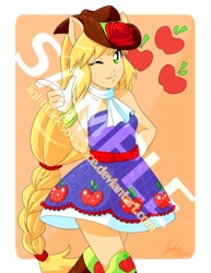 Size: 600x777 | Tagged: safe, artist:lightdarksoysauce, imported from derpibooru, applejack, equestria girls, equestria girls (movie), anime, ascot, bare shoulders, clothes, cute, cutie mark, dress, fall formal outfits, female, jackabetes, obtrusive watermark, one eye closed, ponied up, sample, solo, watermark, wink