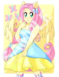 Size: 600x777 | Tagged: safe, artist:lightdarksoysauce, imported from derpibooru, fluttershy, equestria girls, equestria girls (movie), bare shoulders, clothes, cute, cutie mark, dress, fall formal outfits, female, obtrusive watermark, ponied up, sample, shyabetes, solo, watermark