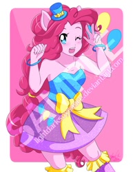 Size: 600x777 | Tagged: safe, artist:lightdarksoysauce, imported from derpibooru, part of a set, pinkie pie, equestria girls, equestria girls (movie), anime, bare shoulders, clothes, cute, cutie mark, diapinkes, dress, fall formal outfits, female, obtrusive watermark, one eye closed, open mouth, ponied up, solo, watermark, wink