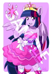 Size: 600x849 | Tagged: safe, artist:lightdarksoysauce, imported from derpibooru, part of a set, twilight sparkle, alicorn, equestria girls, equestria girls (movie), anime, bare shoulders, big crown thingy, clothes, cute, cutie mark, dress, element of magic, fall formal outfits, female, jewelry, obtrusive watermark, open mouth, ponied up, regalia, sample, solo, twiabetes, twilight ball dress, twilight sparkle (alicorn), watermark