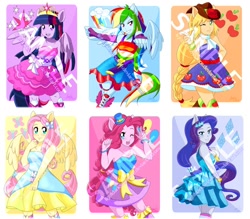 Size: 800x702 | Tagged: safe, artist:lightdarksoysauce, imported from derpibooru, applejack, fluttershy, pinkie pie, rainbow dash, rarity, twilight sparkle, alicorn, equestria girls, equestria girls (movie), bare shoulders, clothes, cute, cutie mark, dress, fall formal outfits, female, humane five, humane six, obtrusive watermark, one eye closed, open mouth, ponied up, sample, smiling, twilight sparkle (alicorn), watermark, wink