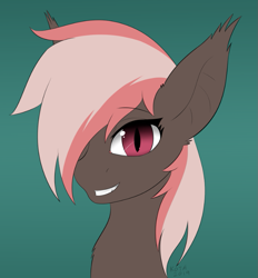 Size: 727x782 | Tagged: safe, artist:kota, imported from derpibooru, oc, oc only, oc:choccy, bat pony, pony, bat pony oc, bust, chest fluff, cute, ear fluff, ear tufts, female, green background, hair over one eye, mare, ocbetes, portrait, simple background, solo