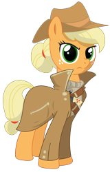 Size: 1974x3089 | Tagged: safe, artist:scarletlightning565, imported from derpibooru, applejack, earth pony, pony, fallout equestria, alternate hairstyle, clothes, cowboy hat, fanfic, fanfic art, female, gun, handgun, hat, hooves, little macintosh, mare, ministry mares, ministry of technology, optical sight, revolver, scope, simple background, solo, transparent background, weapon