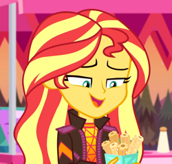 Size: 1128x1080 | Tagged: safe, imported from derpibooru, screencap, sunset shimmer, equestria girls, equestria girls series, sunset's backstage pass!, spoiler:eqg series (season 2), churros, clothes, cropped, female, food, jacket, music festival outfit, open mouth, outdoors, smiling, solo