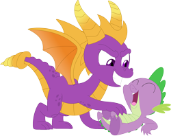 Size: 1808x1432 | Tagged: safe, artist:porygon2z, imported from derpibooru, spike, dragon, belly tickling, claws, crossover, duo, duo male, eyes closed, laughing, male, simple background, spread toes, spyro the dragon, spyro the dragon (series), teeth, tickling, transparent background, vector