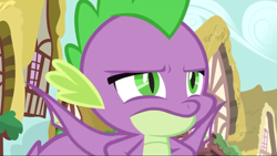 Size: 1280x720 | Tagged: safe, imported from derpibooru, screencap, spike, dragon, the big mac question, male, ponyville, sky, spike is not amused, unamused, winged spike, wings