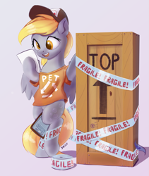 Size: 1265x1500 | Tagged: safe, artist:drafthoof, imported from derpibooru, derpy hooves, princess luna, pegasus, pony, bipedal, birthday gift, box, cute, derpabetes, featured image, female, fragile, hoof hold, mailmare, mare, open mouth, package, paper, simple background, solo focus, this will end well, when you see it