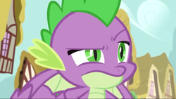 Size: 1280x720 | Tagged: safe, imported from derpibooru, screencap, spike, dragon, the big mac question, male, ponytail, raised eyebrow, sky, spike is not amused, unamused, winged spike, wings