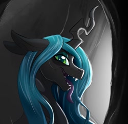 Size: 1280x1238 | Tagged: safe, artist:acesential, deleted from derpibooru, imported from derpibooru, queen chrysalis, changeling, changeling queen, bust, cave, changelings in the comments, fangs, female, lidded eyes, long tongue, looking at you, profile, quadrupedal, solo, tongue out