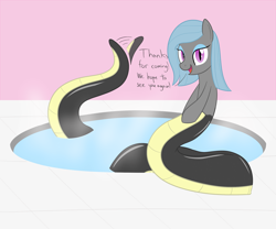 Size: 2400x2000 | Tagged: safe, artist:mightyshockwave, imported from derpibooru, oc, oc only, oc:calla lily, lamia, original species, snake pony, eyeshadow, looking at you, makeup, slit pupils, solo, spa, steam, swimming pool, tail wag, wave