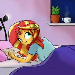 Size: 2160x2160 | Tagged: safe, artist:tjpones, imported from derpibooru, ray, sunset shimmer, leopard gecko, equestria girls, bed, blanket, book, cute, duo, female, food, pet, raybetes, shimmerbetes, smiling, tea