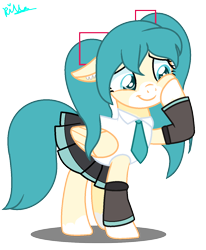 Size: 1088x1320 | Tagged: safe, artist:klewgcg, artist:xxkawailloverchanxx, imported from derpibooru, pegasus, pony, base used, clothes, crossover, cute, female, hatsune miku, mare, moe, pigtails, pleated skirt, ponified, show accurate, skirt, twintails, vocaloid