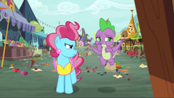 Size: 1280x720 | Tagged: safe, imported from derpibooru, screencap, cup cake, spike, dragon, earth pony, pony, season 9, the big mac question, spoiler:s09, baby dragon, claws, cup cake is not amused, displeased, duo, ear piercing, female, flapping, flying, frown, glare, looking sideways, looking to side, male, mare, mess, mrs. cake is not amused, piercing, ponyville, walking, winged spike, wings