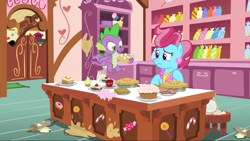 Size: 1280x720 | Tagged: safe, imported from derpibooru, screencap, cup cake, spike, dragon, earth pony, pony, the big mac question, apple, claws, cupcake, female, flying, food, kitchen, male, mare, messy kitchen, pie, toes, winged spike, wings