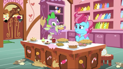 Size: 1280x720 | Tagged: safe, imported from derpibooru, screencap, cup cake, spike, dragon, earth pony, pony, the big mac question, claws, cupcake, female, flying, food, kitchen, male, mare, messy, messy kitchen, pie, smiling, toes, winged spike, wings