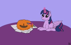 Size: 1275x802 | Tagged: safe, artist:nightwind-arts, imported from derpibooru, twilight sparkle, alicorn, pony, carving, female, halloween, holiday, jack-o-lantern, knife, magic, mare, paper, prone, pumpkin, smiling, solo, twilight sparkle (alicorn)