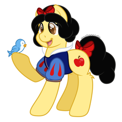 Size: 1280x1280 | Tagged: safe, artist:stephanoodle, deleted from derpibooru, imported from derpibooru, bird, earth pony, pony, bow, clothes, crossover, disney, disney princess, female, hair bow, leg fluff, mare, ponified, simple background, smiling, snow white, solo, tail bow, white background