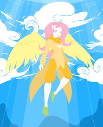 Size: 1400x1730 | Tagged: safe, artist:reiduran, imported from derpibooru, fluttershy, human, clothes, cloud, female, flying, god tier, hero of hope, homestuck, humanized, looking at you, solo, winged humanization, wings