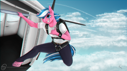 Size: 1920x1080 | Tagged: safe, artist:obscuredragone, imported from derpibooru, oc, oc:chasing dawn, anthro, pegasus, blue sky, call me maybe, freedom, happy, parachute, photo, plane, ready to jump, sky, skydiving, smiling, solo, sports, tight clothing, white shirt