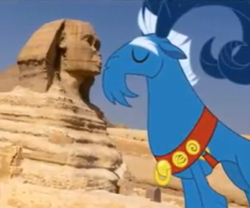 Size: 600x500 | Tagged: safe, imported from derpibooru, screencap, grogar, sphinx, egypt, forced perspective, the most evil q&a ever