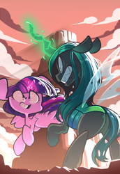 Size: 1058x1534 | Tagged: safe, alternate version, artist:sourspot, imported from derpibooru, queen chrysalis, twilight sparkle, alicorn, changeling, changeling queen, pony, angry, cover, female, fight, glowing horn, gritted teeth, horn, smiling, twilight sparkle (alicorn)