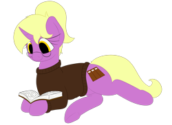 Size: 2750x2000 | Tagged: safe, artist:yannerino, imported from derpibooru, oc, oc only, oc:melissa, pony, unicorn, book, clothes, glasses, on side, ponytail, reading, side, simple background, sweater, transparent background