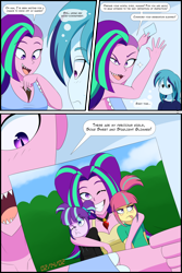 Size: 1500x2250 | Tagged: safe, artist:jase1505, imported from derpibooru, aria blaze, sonata dusk, sour sweet, starlight glimmer, series:dusk oceanos, equestria girls, ariabetes, breasts, child, comic, cute, equestria girls-ified, female, glimmerbetes, happy, mother and daughter, photo, proud, sharp teeth, sourbetes, teeth, tongue out