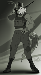 Size: 1000x1833 | Tagged: safe, artist:sunny way, imported from derpibooru, oc, oc only, anthro, earth pony, pony, ak-47, assault rifle, clothes, female, gun, mare, military, military uniform, patreon, patreon reward, rcf community, rifle, smiling, smoke, smoking, solo, uniform, weapon